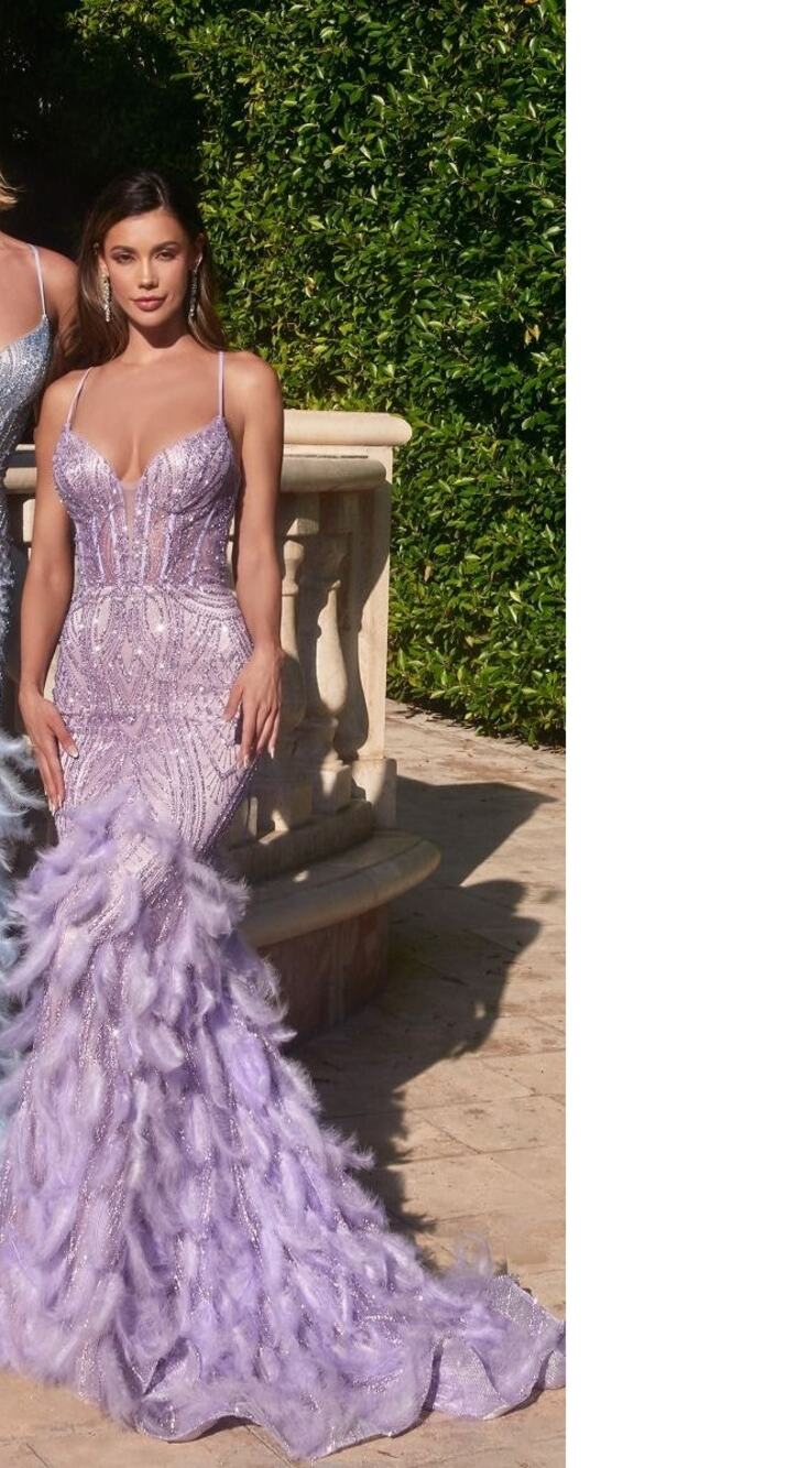 LaDivine CC2308 Feather Sparkle Formal Prom Long Mermaid Gown Dress Lavender 10